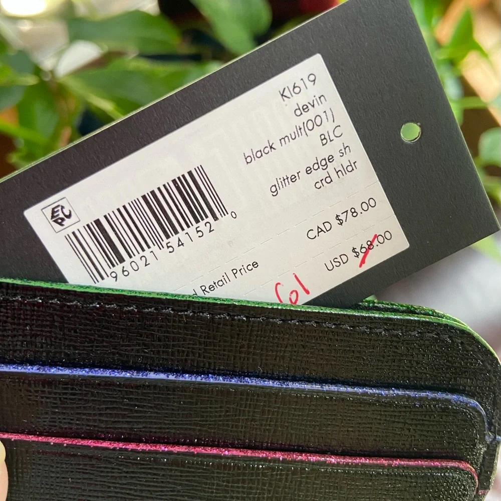 Kate Spade NY Black Leather Card Holder with Glittery Rainbow Stitching NWT